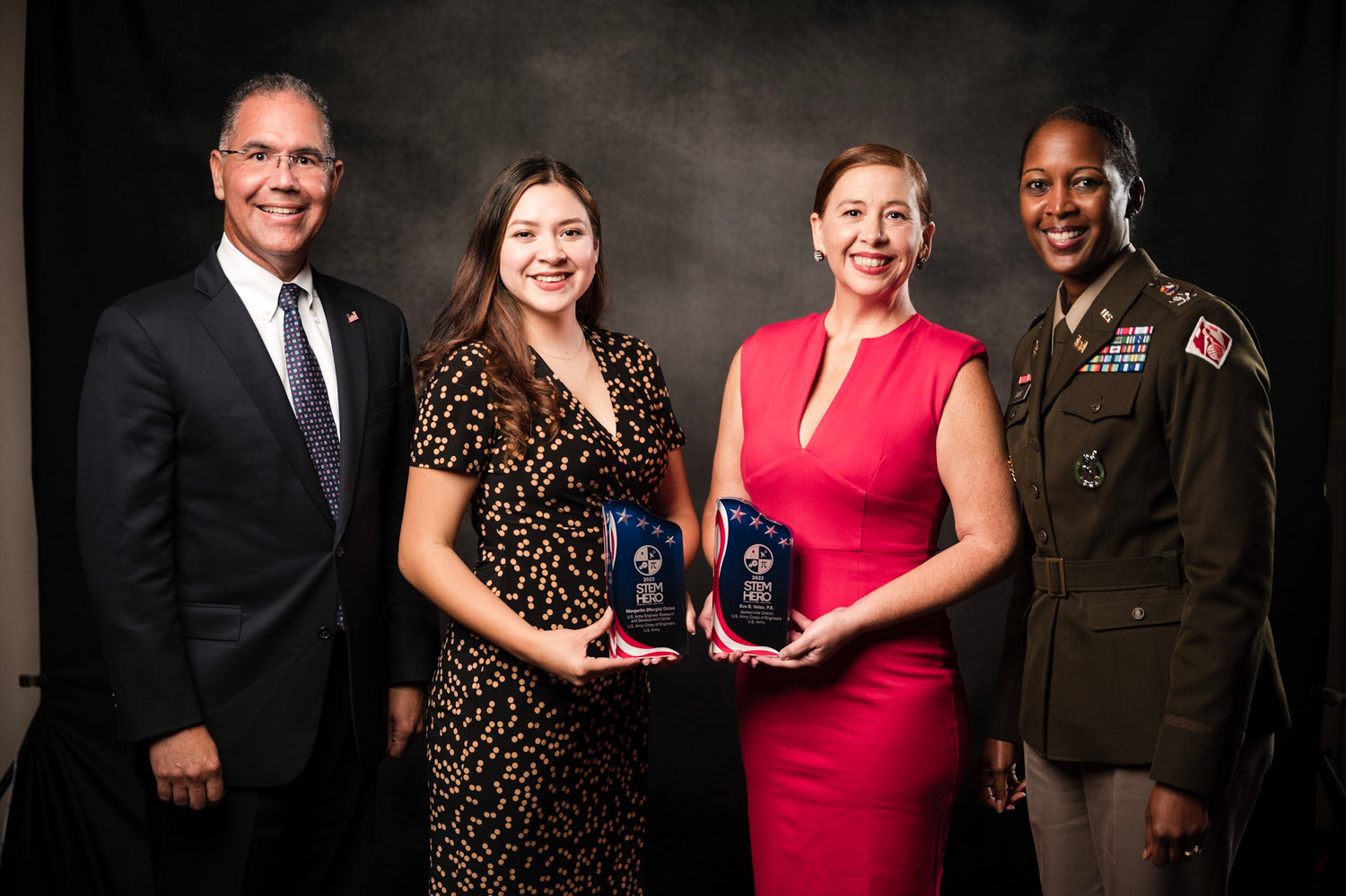 (Left to right) Jose Sanchez, SES, Margarita (Margie) Ordaz, Research Civil Engineer, U.S. Army Engineers Research and Development Center, U.S. Army Corps of Engineers U.S. Army, Eva B. Vélez, Chief Ecosystem Branch/Program Manager, U.S. Army Corps of Engineers, Jacksonville District (red dress) and U.S. Army Col. (P) Antoinette Gant, South Pacific Division commander. (GMIS photo)